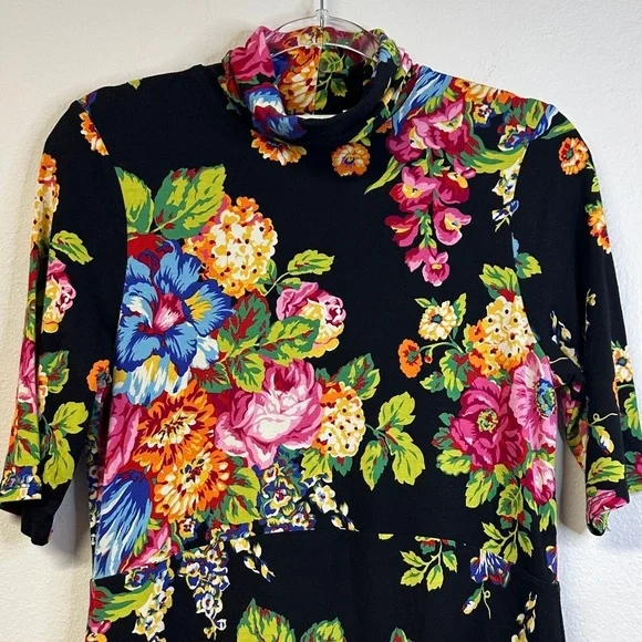 Anthropologie ett:twa Coreyell Black Floral Turtleneck Short Sleeve Dress S - Picture 4 of 6